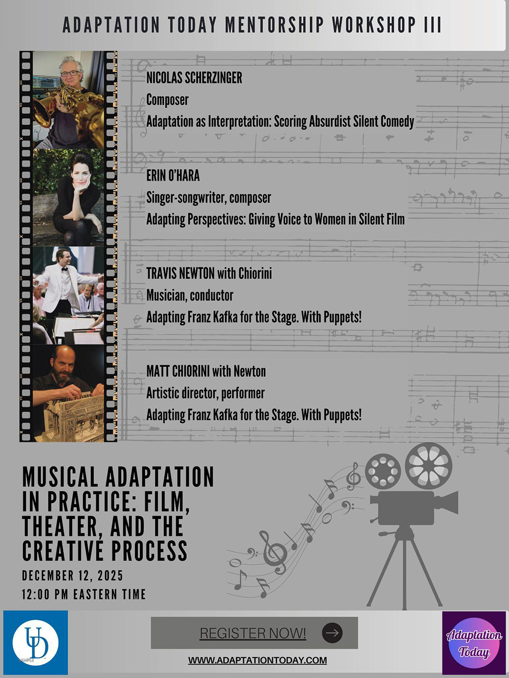 Promotional poster for the Adaptation Today mentoring event Musical Adaptation in Practice: Film, Theater, and the Creative Process, featuring event speakers and program details.