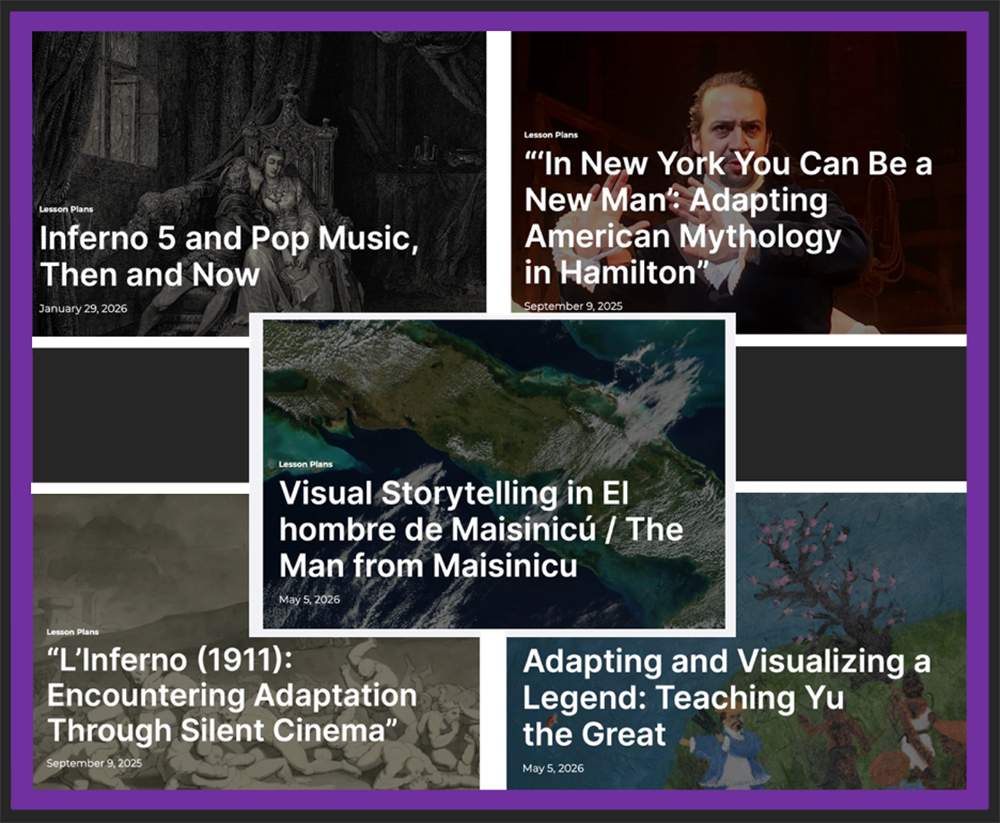 Screenshot of the Adaptation Today pedagogy section displaying lesson plans and teaching resources focused on adaptation studies.