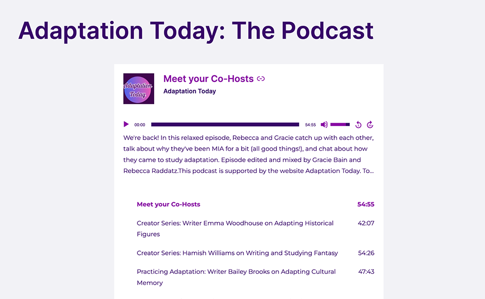Screenshot of the Adaptation Today podcast page showing podcast episodes and resources related to adaptation studies.